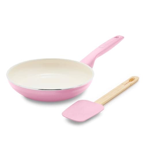 GreenPan Rio Healthy Ceramic Nonstick 8" Frying Pan Skillet and Silicone Spatula Set, Soft Grip Handle, Breaktfast Meal Set, PFAS-Free, Dishwasher Safe, Oven Safe, Pink