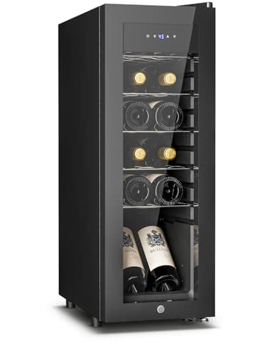 Feelfunn 12 Bottle Wine Cooler Refrigerator - Small Wine Fridge for Red, White, Champagne, Freestanding Wine Cellar with Glass Door & Digital Temperature Control for Home Bar, Office