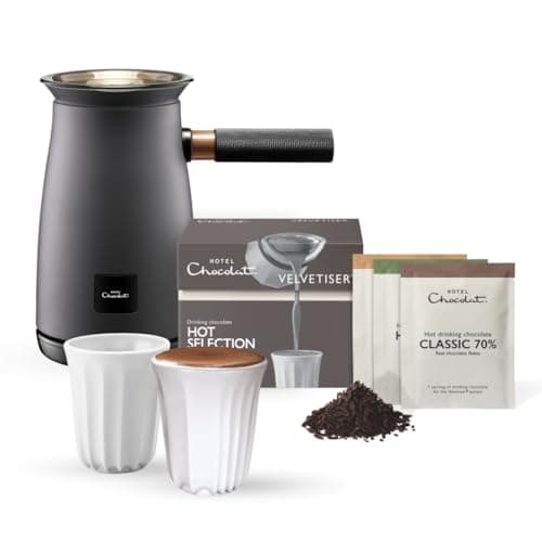Hotel Chocolat Velvetiser - In-Home Hot Chocolate Machine - Barista-Grade Hot Chocolate Maker - Charcoal Edition - 2 Ceramic Podcups & 10 Single-Serve Sachets