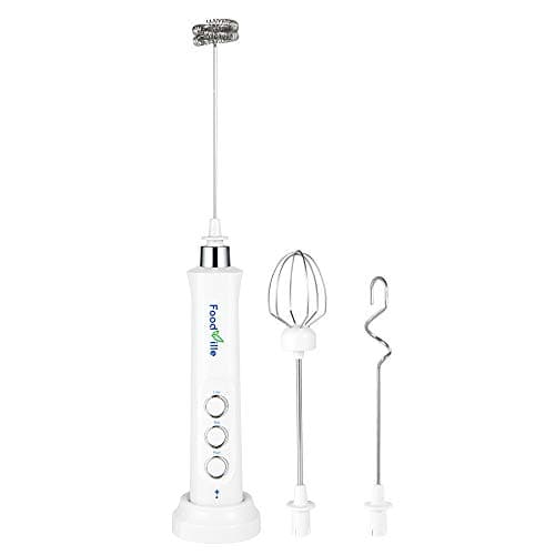 FoodVille MF09 3 in 1 Rechargeable Milk Frother Handheld Foam Maker with Charging Stand & 3 Stainless Steel Whisks (White without Case)