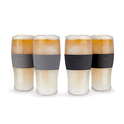 HOST Freeze Beer Glasses, 16 ounce Freezer Gel Chiller Double Wall Plastic Frozen Pint Glass, Set of 4, Black and Grey