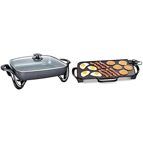 Presto 06852 16-Inch Electric Skillet with Glass Cover & Presto 07061 22-inch Electric Griddle With Removable Handles, Black, 22-inch