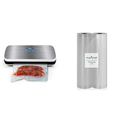 NutriChef Food Vacuum Sealer Machine, Stainless Steel Automatic Air Sealing System for Dry/Moist Foods, LED Touch Controls, Includes Vacuum Hose, Bag Roll and Wine Stopper, 110W Suction Power, 14"x6"