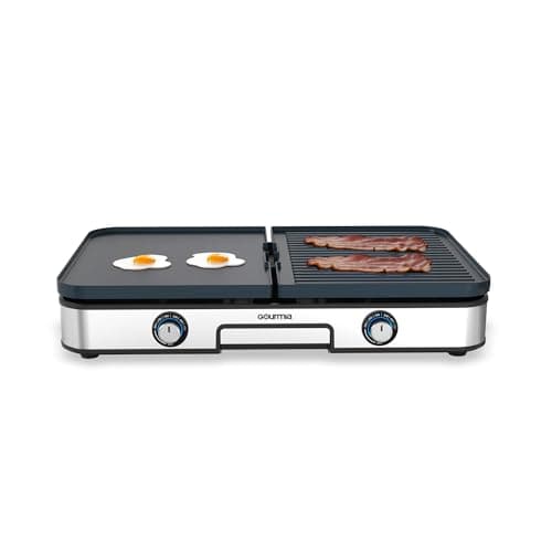 Gourmia 3-in-1 Indoor Grill & Griddle Electric Combo – Dual Independent Cooking Zones, Reversible Nonstick Ceramic Plates, XL Cooking Surface, 250–400°F Adjustable Temp, Dishwasher Safe
