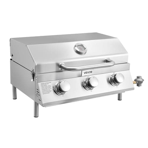 VEVOR Tabletop Gas Grill, 3-Burner Stainless Steel Portable Propane Grill, with Built-in Thermometer, Travel Locks, Weatherproof Lid, 22,500 BTU Total, for Outdoor Cooking, Patio, Party, Camping, RV
