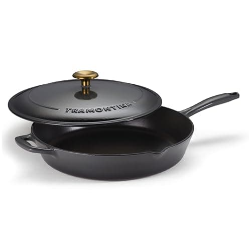 Tramontina Bestow Enameled Cast Iron Skillet with Lid, 12-inch Frying Pan, Smoke with Gold Knob