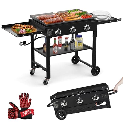 BESTFIRE Foldable Flat Top Grill, Outdoor Griddle-3 Burner Propane Griddle with Two Foldable Shelves,36" Flat Grills Outdoor-45,000 BTU Gas Grill for BBQ& Outdoor Cooking,Black
