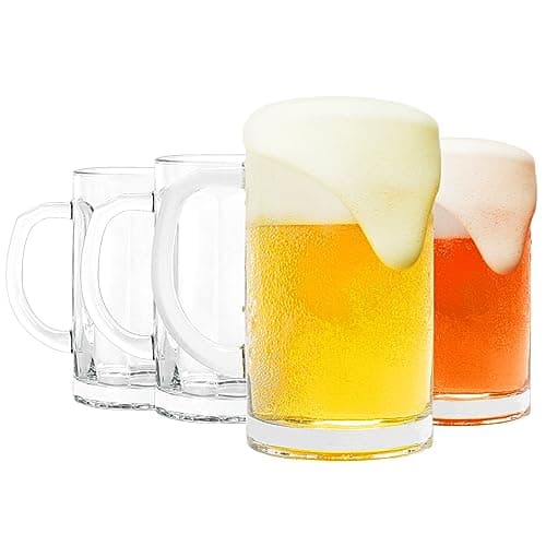 4 Pack Heavy-Duty Glass Mugs - 16oz Beer Glasses, Large with Handle, Freezer Safe, Classic Beer Mug Set for Bar & Beverages