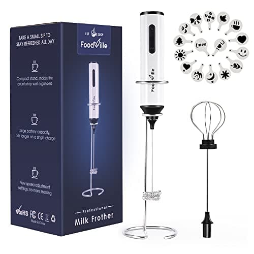 FoodVille MF05 Rechargeable Milk Frother USB Charging Handheld Foam Maker with Stainless Balloon Whisk for Cappuccino, Latte, Bulletproof Coffee, Keto Diet, Protein Powder, Matcha (White)