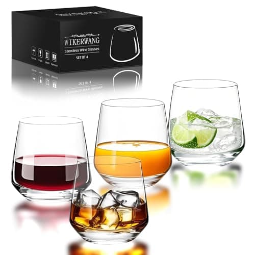 WIKERWANG Stemless Wine Glasses Set of 4, 13.5oz, Crystal Clear Red White Wine Glasses for Daily Use, Lead-free, Dishwasher Safe, Glasses Drinking Set, Ideal for Home Bar, Parties & Gifts