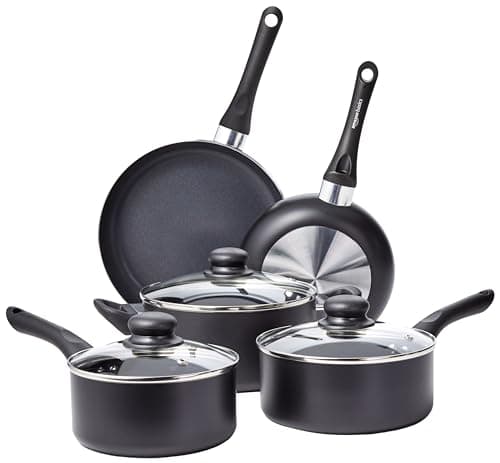 Amazon Basics Non-Stick Kitchen Cookware 8-Piece Set, Non-Induction, Includes Pots and Pans, Black