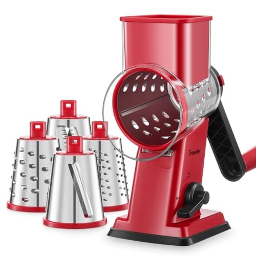 Geedel Rotary Cheese Grater - Upgraded Vegetable Shredder with 4 Interchangeable Blades, Easy to Clean Cheese Shredder with Handle, Kitchen Grater Nuts Grinder for Cutting Cheese, Vegetable, Nuts