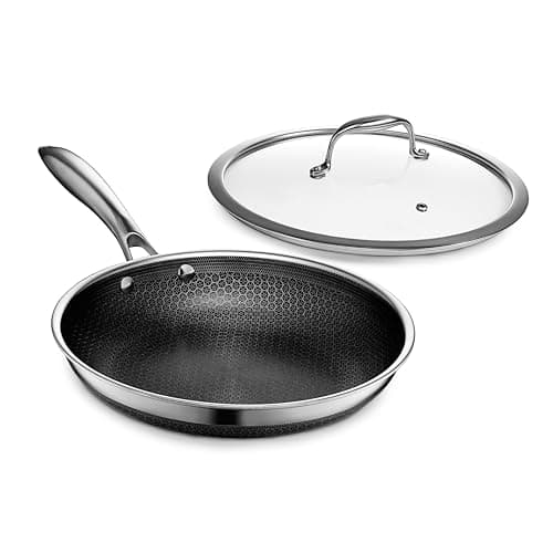 HexClad Hybrid Nonstick 10-Inch Frying Pan with Tempered Glass Lid, Stay-Cool Handle, Dishwasher-Friendly, Oven-Safe Up to 900°F, Induction Ready, Compatible with All Cooktops