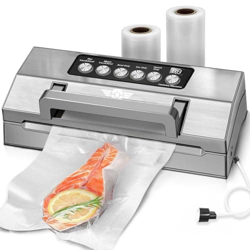 Precision Food Vacuum Sealer Machine, POWOT Fully Automatic Vacuum Sealing System, Commercial Food Vacuum Saver Pro, Double Heat Seal, Easy-Lock Handle, Built-in Cutter&Bag Storage, Hose&Bag Rolls