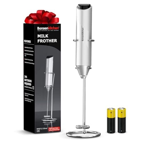 Bonsenkitchen Milk Frother Hanheld with Stand, Electric Coffee Frother, Portable Hand Frother Wand Drink Mixer for Matcha Lattes Cappuccino, Kitchen Gifts (Battery Included)