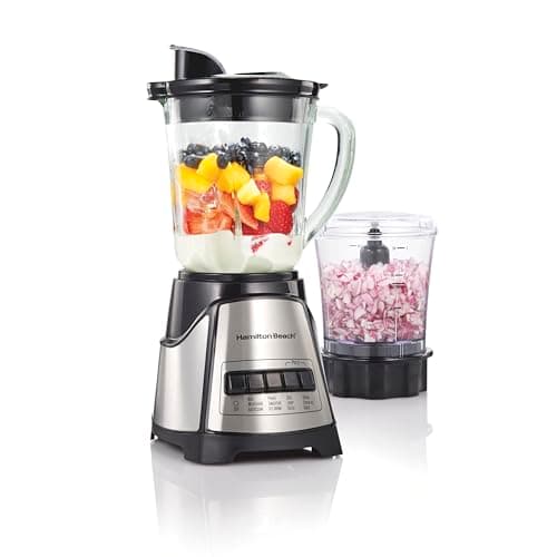 Hamilton Beach Power Elite Blender for Smoothies with 3-Cup Vegetable Chopper, Mini Food Processor, 40oz Glass Jar, 12 Functions for Puree, Ice Crush, Black and Stainless Steel (58149)