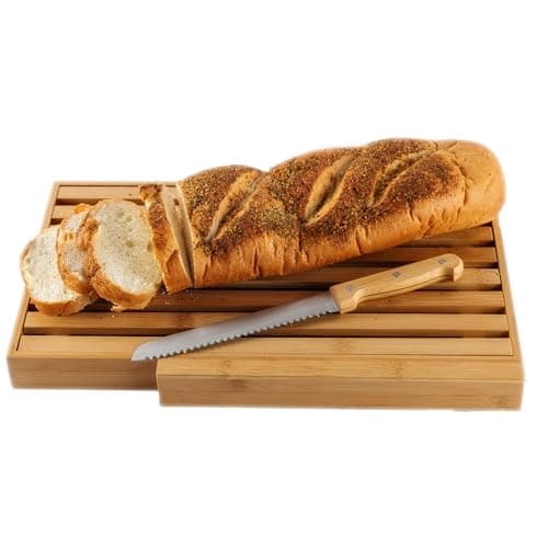 BAMBOO LAND- Large Bamboo Bread Cutting Board with Crumb Tray with Large Bread Knife, Bread Serving Tray for Kitchen