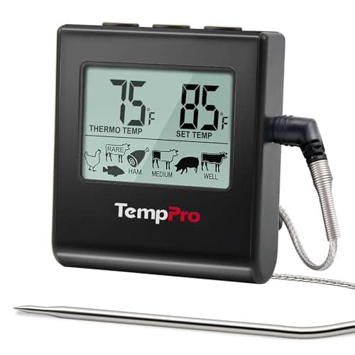 TempPro TP16 Large LCD Digital Meat Thermometer for Cooking, Smoking, Grilling, BBQ Food Temperature Indicator with Clock Timer and Stainless Steel Probe, Black(Previously ThermoPro)