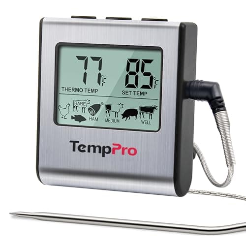 TempPro TP16 Large LCD Digital Cooking Food Meat Thermometer for Smoker Oven Kitchen BBQ Grill Thermometer Clock Timer with Stainless Steel Temperature Probe (Previously ThermoPro)