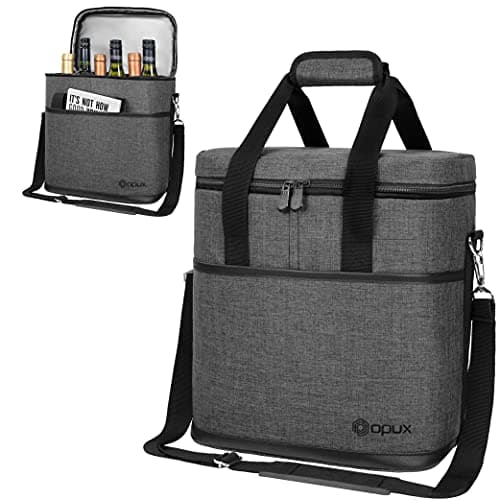 opux 6 Bottle Carrier Tote | Insulated Padded Wine Cooler Bag for Travel. Picnic, BYOB | Portable Leakproof Wine Tote Bag for Dinner, Party, Christmas, Wine Gift for Women, Men (Charcoal Gray)