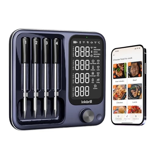 InkGrill Wireless Meat Thermometer with APP Control，4 Probes Meat Thermometer Digital, Unlimited Range WiFi & Bluetooth Meat Thermometerfor for Rotisserie，Grill，Oven，Smoker，BBQ, Air Fryer