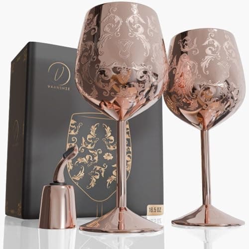 vaanshie 17oz Stainless Steel Wine Glasses | Gift for Valentines Day [Set of 2]–Rose Gold Royal Goblets with Intricate Baroque Engravings, Unbreakable and Shatterproof Wine Cups with Bottle Stopper