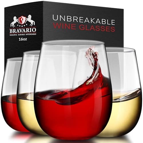 Bravario Unbreakable Stemless Plastic Wine Glasses | Reusable | Shatterproof 100% Tritan Plastic | Dishwasher-Safe | BPA-free | Awesome for Indoor & Outdoor | 16 oz, Set of 4