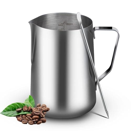 WELKOR 60oz Milk Frothing Pitcher with Latte Art Pen-Stainless Steel Steaming Jug for Espresso, Cappuccino & Coffee-Heat-Resistant, Dripless Spout, Measurement Scale, Dishwasher Safe (1800ml/60oz)