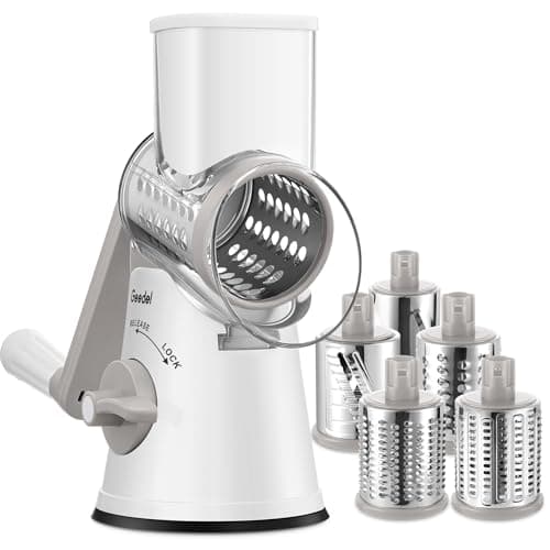 Geedel Rotary Cheese Grater Cheese Shredder with 5 Interchangeable Blades - Upgraded Rotary Grater Featuring Strong Suction Base for Cheese Shredding, Wavy Slicing, Nut Grinding, and Ice Shaving