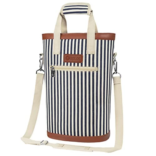 opux Two Bottle Wine Bag Carrier Tote, Insulated Leakproof 2 Bottle Wine Cooler Bag for Travel BYOB Picnic, Portable Wine Case, Gift for Men Women Wine Lover Birthday Party Christmas, Navy Stripes