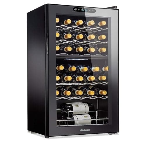 Wine Enthusiast 32-Bottle Dual Zone MAX Compressor Wine Cooler – Freestanding Mini Fridge with Digital Touchscreen, LED Display, Split Storage for Red & White Wines, Matte Black Refrigerator Home Bar