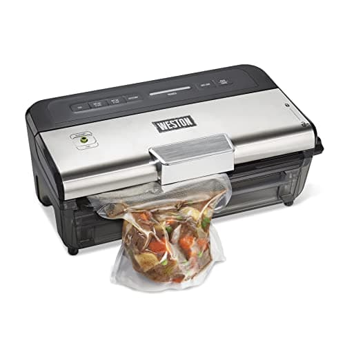 WESTON BRANDS Wet & Dry Vacuum Sealer Machine, Seals Liquid Foods Quickly and Consistently, Date Code Stamp, Built-In Cutter, Pulse Button, Includes 2 Rolls and 6 Easy-Fill Bags, Black (65-1601-W)