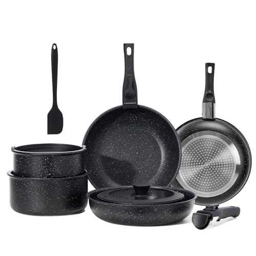Sweetcrispy 12 pcs Pots and Pans Set, Nonstick Kitchen Induction Cookware Suit with Detachable Handle, Dishwasher Oven Safe, Black