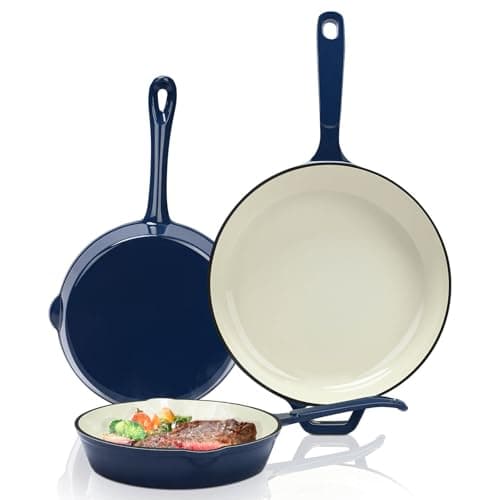 Hisencn Enameled Cast Iron Skillet Set - 3 Piece Ceramic Coated Fry Pan Set(8'',9.5'' 11''), PFAS/PTFE/PFOA Free, Oven & Induction Safe, Navy Blue Cookware for Gas/Electric Stovetop