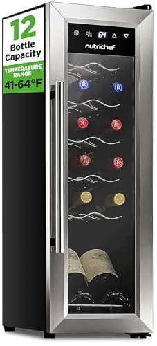 Nutrichef 12 Bottle Stainless Steel Slim Wine Fridge | Red & White Wine Chiller | Adjustable Temperature Control, Ultra Quiet Operation & Energy Efficient | Mini Wine Cooler Refrigerator | 31x10x17 IN
