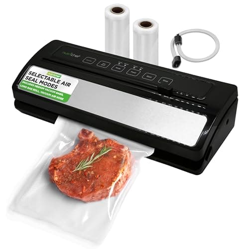 NutriChef Food Vacuum Sealer Machine, Stainless Steel & ABS Body, Automatic Sealing System for Dry and Moist Foods, LED Touch Controls, Includes Bags, Hose & Roll Cutter, 110W Suction Power, 14"x6"