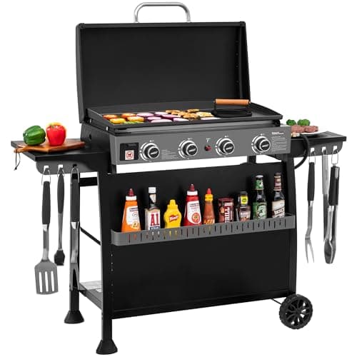 Royal Gourmet PD4001 4 Burner Propane Gas Griddle with Removable Standing Cart, Convertible to Tabletop Design, Flat Top Grill with Hood for Camping, Tailgating, Backyard, Black