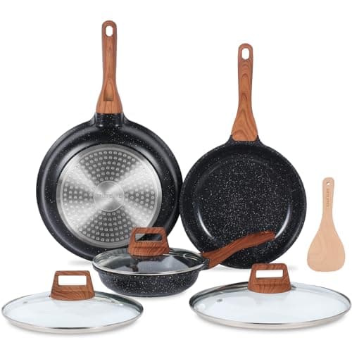 ESLITE LIFE Nonstick Ceramic Frying Pans Skillets Set with Lids, Non-Toxic Egg Omelette Kitchen Cooking Pans Compatible with All Stovetops (Gas, Electric & Induction), PTFE & PFOA Free (Black)