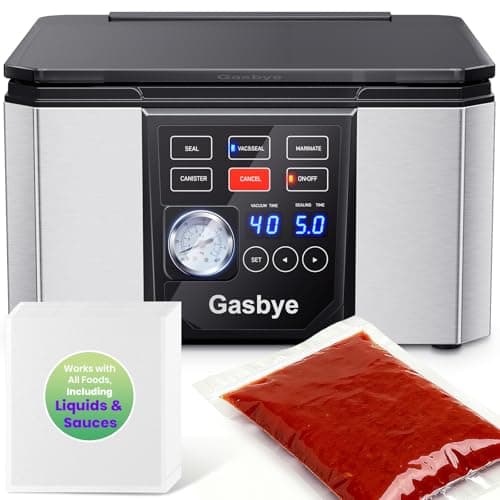 Gasbye Chamber Vacuum Sealer – 5.3QT Large Chamber, Replaceable 11.5" Sealing Bar with Double Seal, Perfect for Meats, Soups, Sauces & Liquids, Includes 30 Pre-Cut Vacuum Bags, Stainless Steel