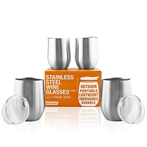 BROVINO Stainless Steel Wine Glasses with Lid (Set of 4) - 12 oz Double Walled Insulated Outdoor Wine Tumblers - 100% Unbreakable & Stemless - Drinkware Set for: Wine, Coffee, Water
