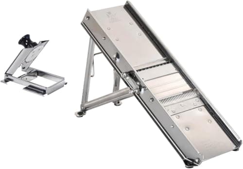 BRON COUCKE - Professional Mandoline - Stainless Steel - Slices Fruits and Vegetables, Makes French Fries and Julienne - Straight Blade + Waffle Blade - Adjustable Thickness - Includes Safety Carriage