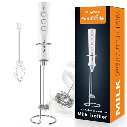 FoodVille MF02 Rechargeable Milk Frother Handheld Foam Maker with Stainless Whisk for Cappuccino, Latte, Bulletproof Coffee, Keto Diet, Protein Powder, Matcha (Pure White)
