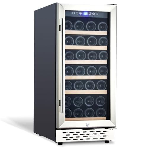 DYTesa 15 Inch Wine Cooler - Compressor Refrigerator with Lock, 28 Bottle Freestanding Wine Cellar, Dual Zone with Digital Temperature Control, Glass Door, and Beverage Cooler.