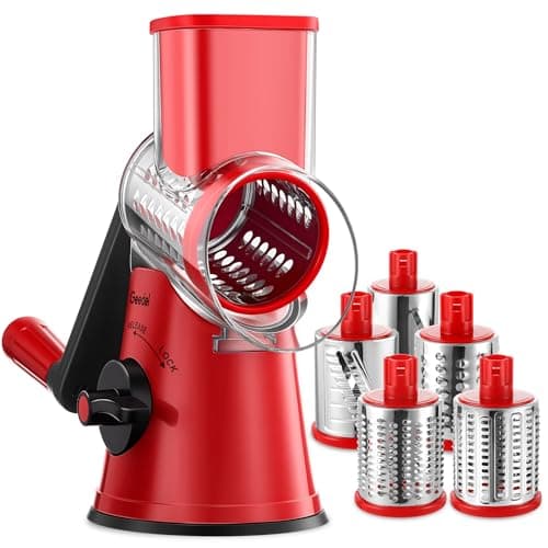 Geedel Rotary Cheese Grater Cheese Shredder with 5 Interchangeable Blades - Upgraded Rotary Grater Featuring Strong Suction Base for Cheese Shredding, Wavy Slicing, Nut Grinding, and Ice Shaving