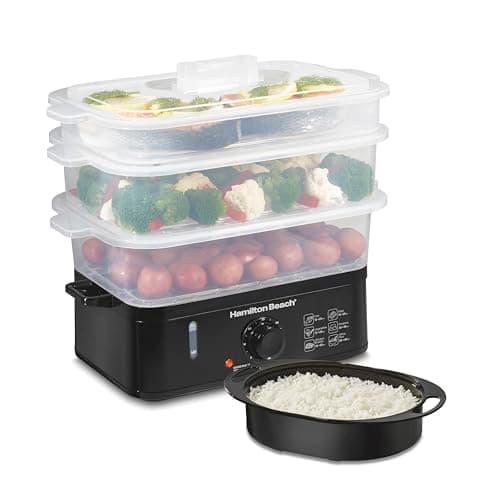 Hamilton Beach Electric Food Steamer, Rice Cooker & Egg Boiler for Quick, Fast Healthy Cooking with Stackable Three-Tier Bowls for Vegetables and Seafood, 9.5 Quarts, Auto Shutoff, Black (37430)