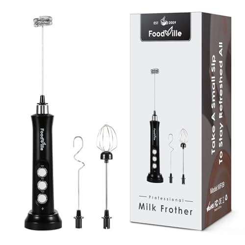 FoodVille MF09 3 in 1 Rechargeable Milk Frother Handheld Foam Maker with Charging Stand & 3 Stainless Steel Whisks (Black without Case)