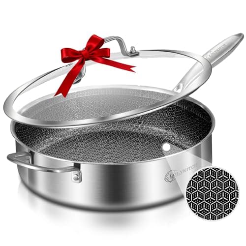 LOLYKITCH 6 QT Hybrid Tri-Ply Stainless Steel Non-Stick Sauté Pan with Lid,12 Inch Deep Frying Pan,Large Skillet,Jumbo Cooker,Induction Pan, Oven Safe and Detachable Handle.