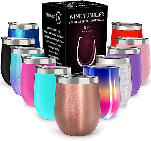 CHILLOUT LIFE 12 oz Stainless Steel Wine Tumbler with Lid - Double Wall Vacuum Insulated Wine Cup Glass Keeping Cold & Hot for Coffee, Champagne, Cocktails, Ice Cream - Rose Gold