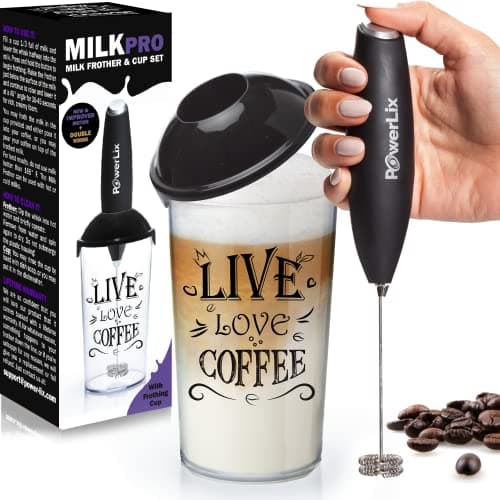 PowerLix Milk Frother Handheld Battery Operated Electric + PowerLix New Double whisk Improve Motor Milk frother with Foamer Cup