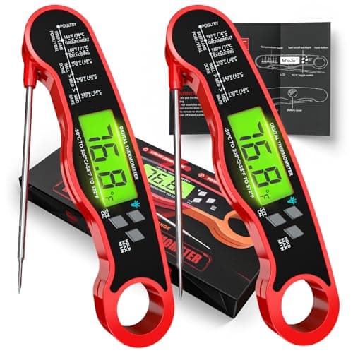 2 Pack Fast Instant Read Meat Thermometer with Backlight - Waterproof Digital Food Probe for Grilling, Cooking, Baking & Candy Making - Kitchen & BBQ Essential(Red)
